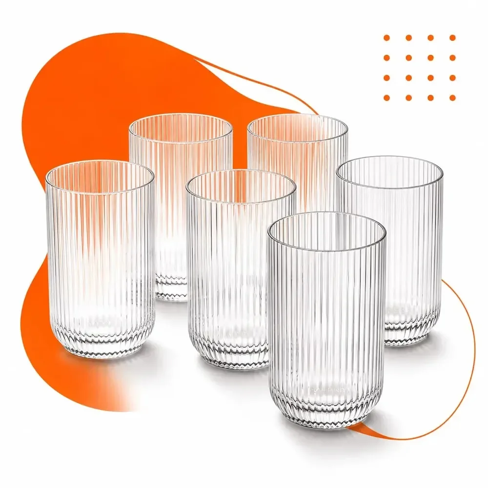 Jogo 6 Copos Vidro Canelado 423ml Moderno Elegante Premium