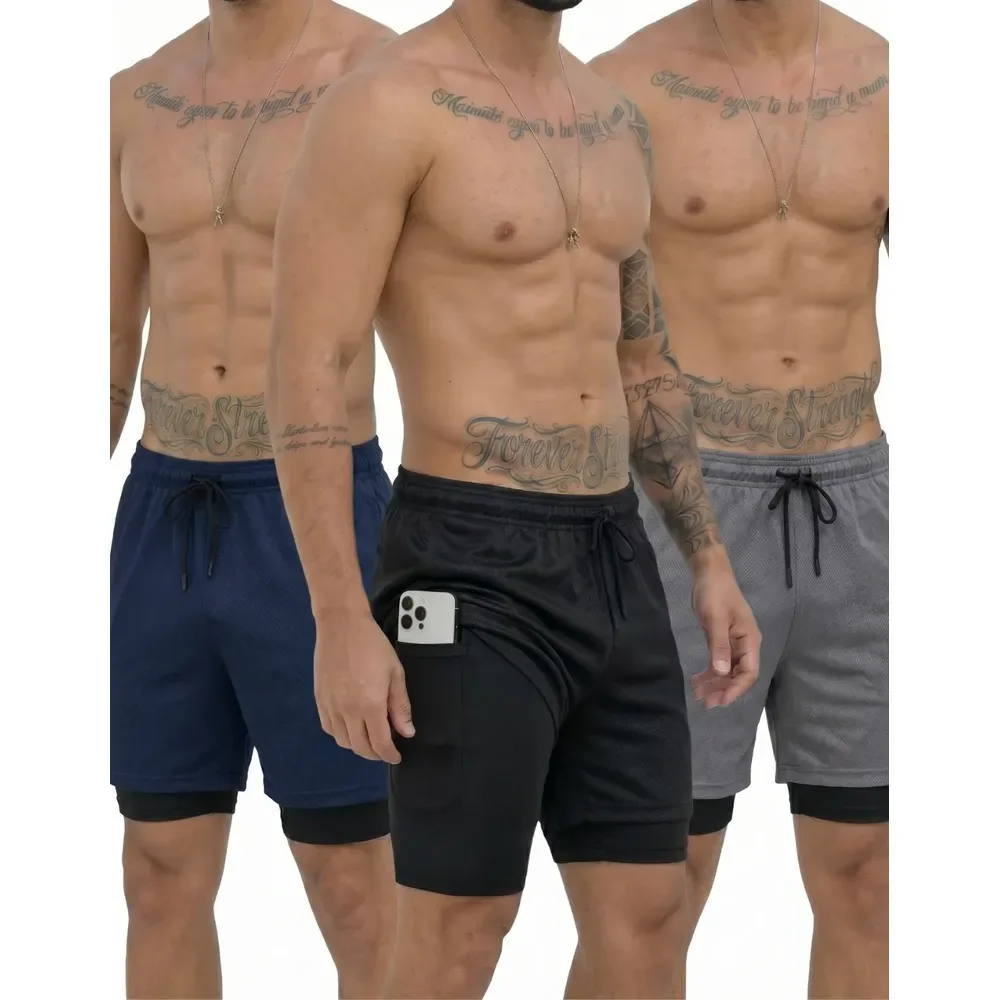 Kit com 3 Shorts 2 Em 1 Duplo Bolso Treino