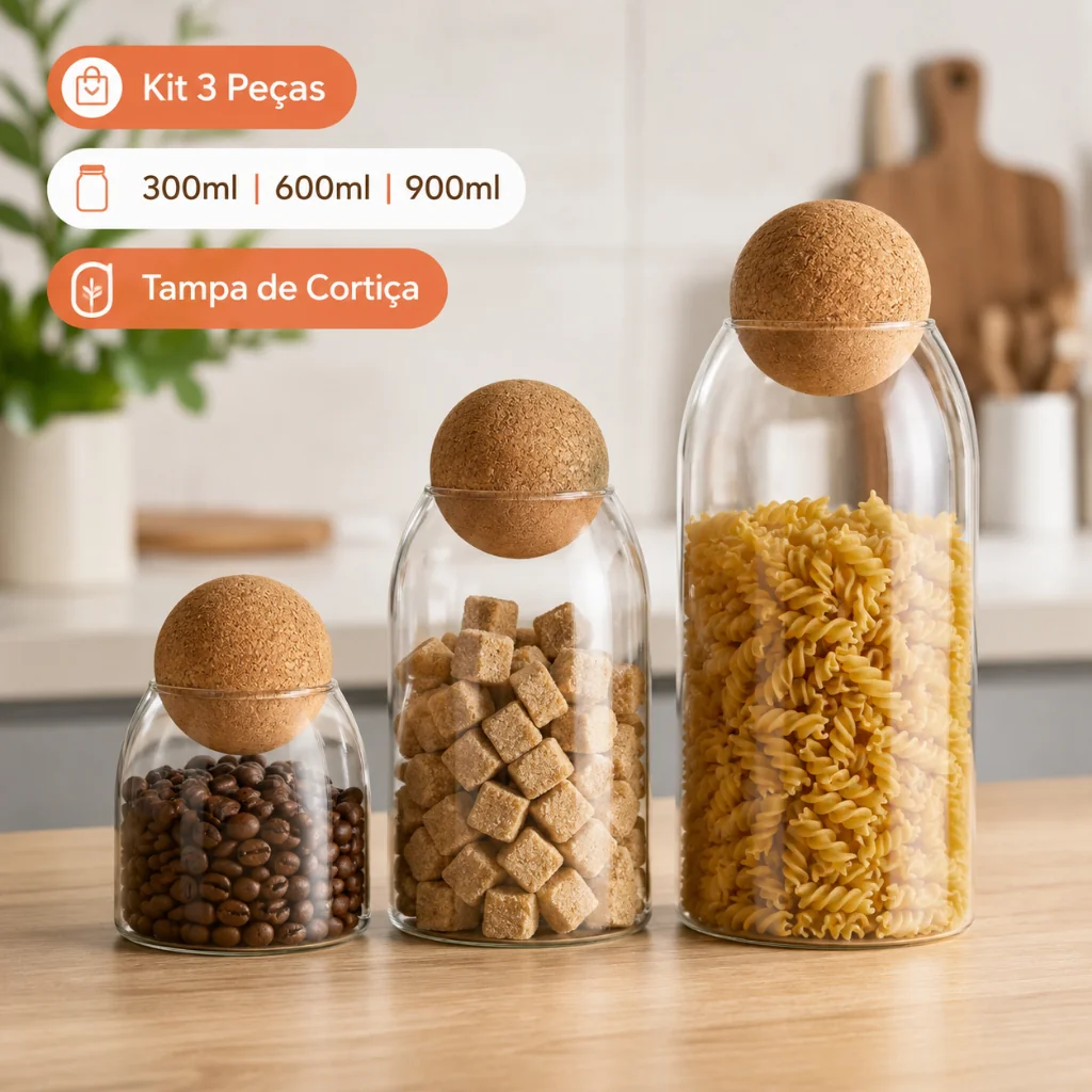 Kit 3 Potes Organizadores de Vidro com Tampa para Mantimentos Cozinha e Decoração