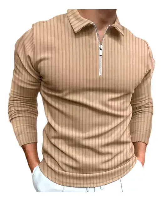 Camiseta Polo Manga Curta Com Ziper Masculina Malha Canelada