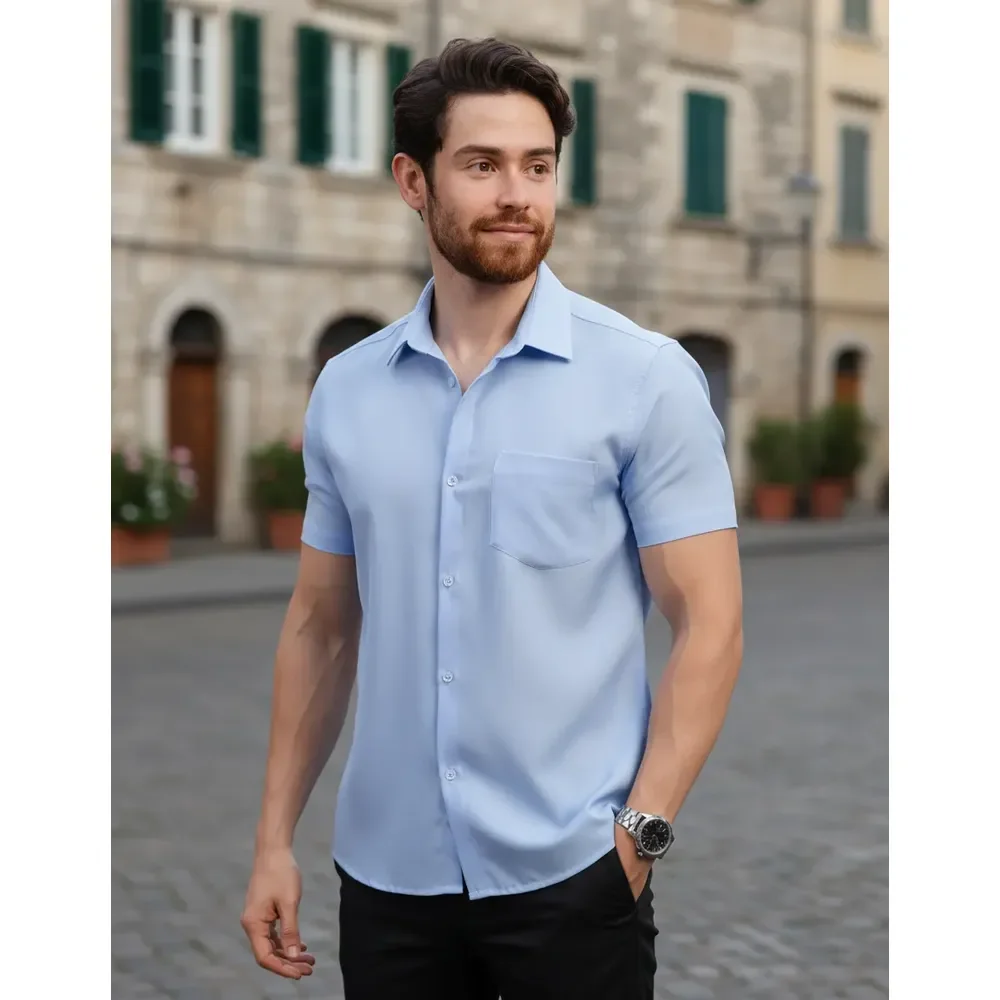 ⚫️ Camisa Social Masculina Manga Curta Tradicional De Microleve