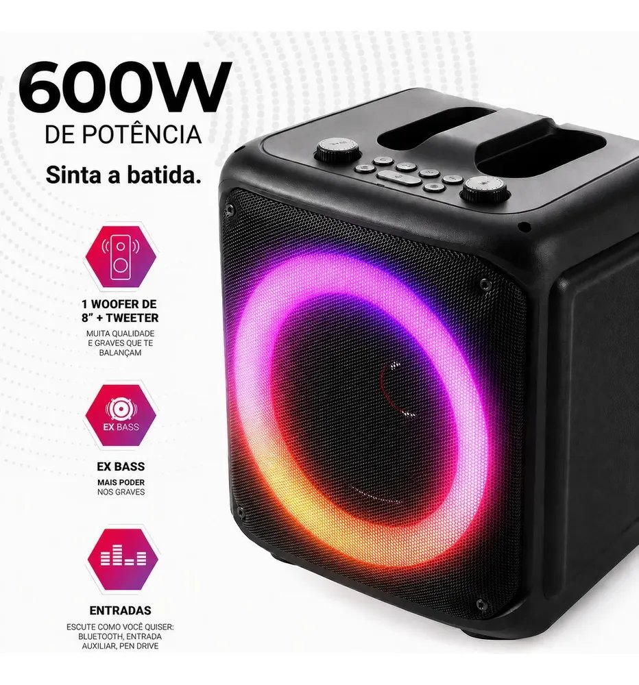 Caixa De Som Bluetooth Portátil 6,5 3000mah Karaokê Rgb Preto 5v