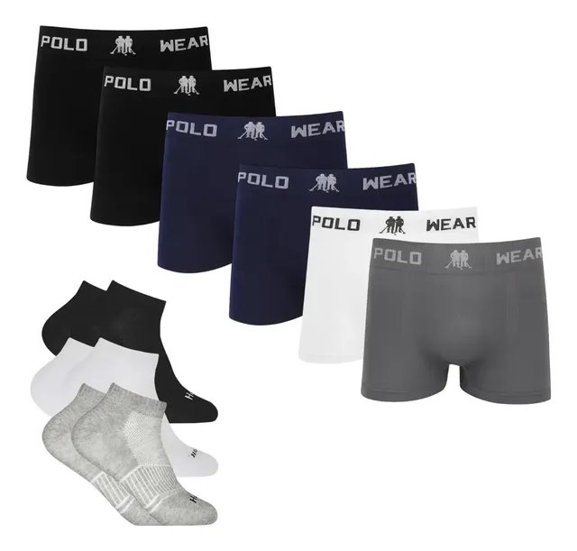Kit 6 Cueca Polo Wear Microfibra + 6 Meia Cano Médio Algodão (P ao GG)