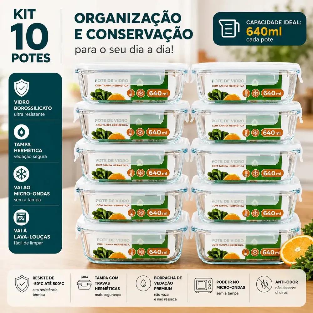 Kit 10 Potes Herméticos De Vidro 640ml Haushop Tampa Vedação Firme Para Geladeira E Despensa