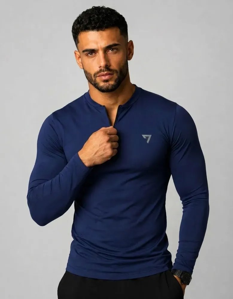 Camisa Térmica Masculina Segunda Pele Manga Longa Com Zíper Azul-marinho (P ao GG)