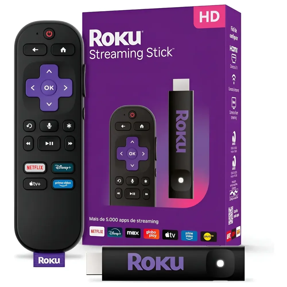 Roku Streaming Stick 2025 Hd Hdmi Controle Por Voz Full Hd Preto Padrão