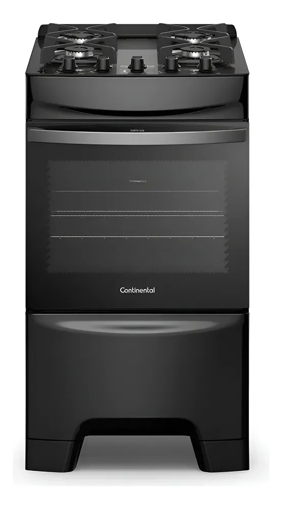 Fogão 4 Bocas Continental Preto Mesa de Vidro, Forno Eco Turbo e Grades Ferro Fundido (FC4GB)…