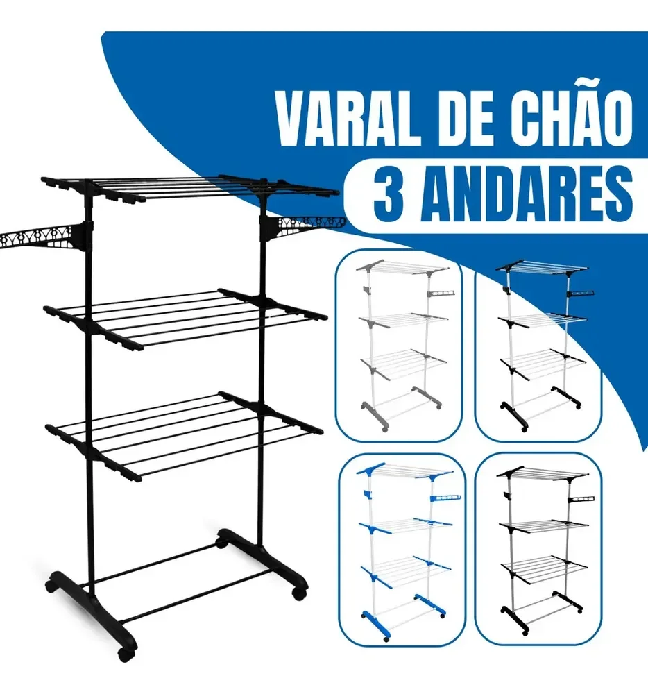 SALVAÇÃO DE QUEM MORA EM APT 🤌🏼 Varal de Chão Epsilon 3 Andares Dobrável com Rodas