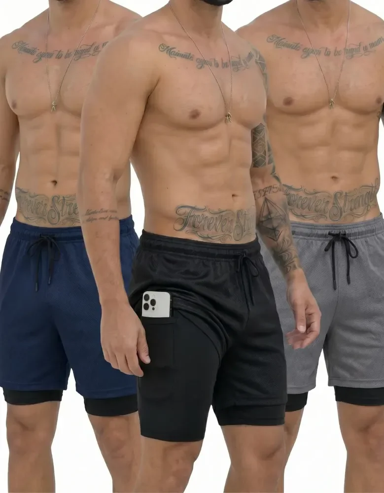 Kit 3 Shorts 2 Em 1 Duplo Bolso