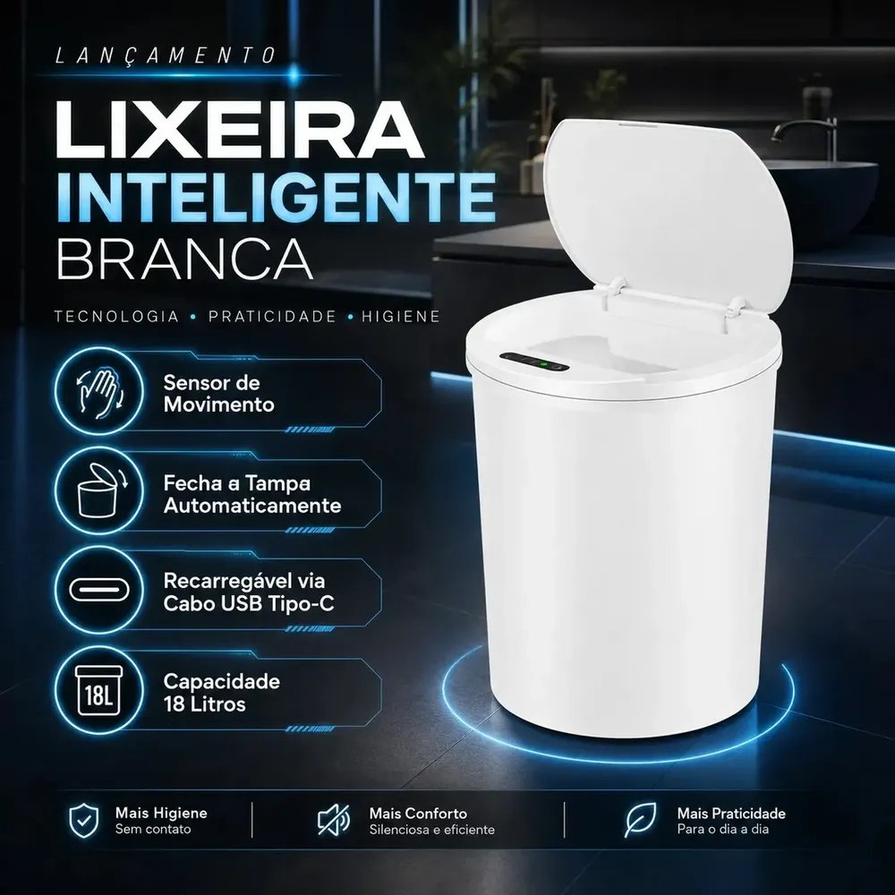 Lixeira Inteligente Automática Branca Com Sensor Anti Odor 16l