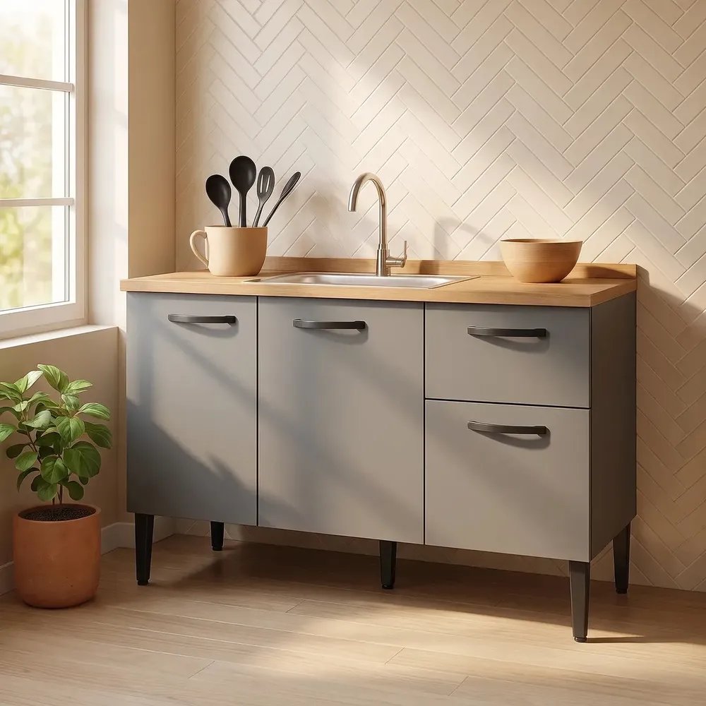 Gabinete De Pia 1,20m Balcão De Cozinha Multiuso 3 Portas Armário De Pia Armário De Cozinha 120cm Organizador Para Pia Cor Branco Ideal Para Cozinha C...