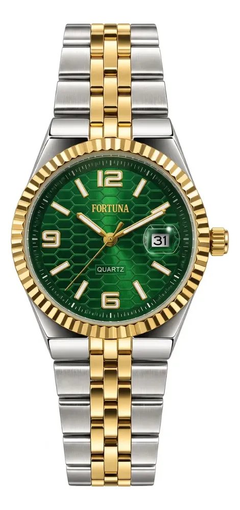Relógio De Pulso Masculino Fortuna Quartz Minimalista Luxo Prata Dourado Cx Verde
