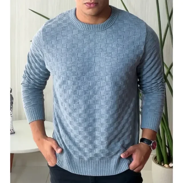 Blusa De Frio Masculina Trico Suéter Lã Gola Careca Xadrez