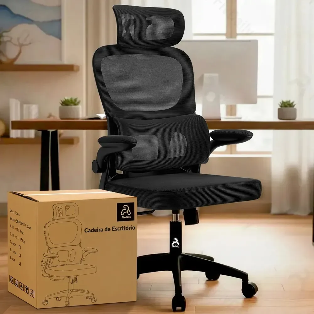 🛒Cadeira de Escritório Ergonômica FivDaily C600 Preta, com Apoio de Cabeça e Suporte Lombar