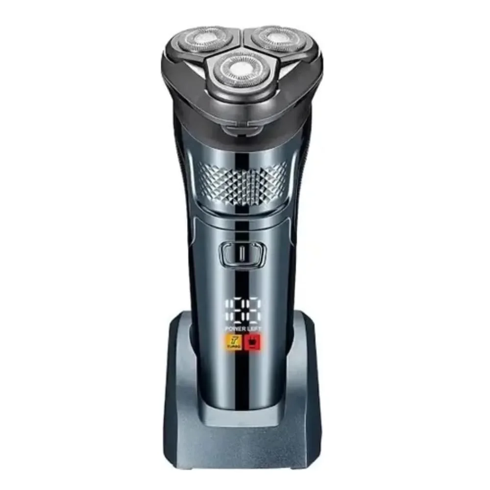 Barbeador Elétrico Masculino Profissional 3 Lâminas Rotativas Duplas, Display LCD Bi-Volt Premium