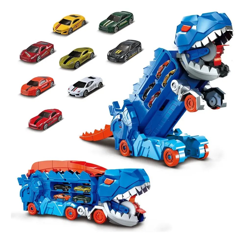 Caminhao Dinossauro Pista Com Carrinhos Maleta Transporte Cor Azul