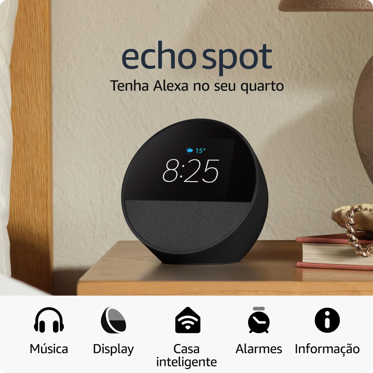 Echo Spot com Alexa (Geração mais recente) | Despertador inteligente com som vibrante | Cor Preta, com Acesso Antecipado à Alexa+