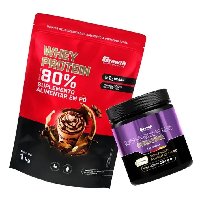 ✨ Kit Growth: Whey Protein Milkshake De Chocolate 1kg + Creatina Creapure Sem Sabor 250g
