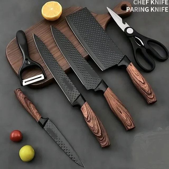 ✨Kit Jogo De Facas Inox Corte Afiado Antiaderente Presente Cor Marrom-escuro