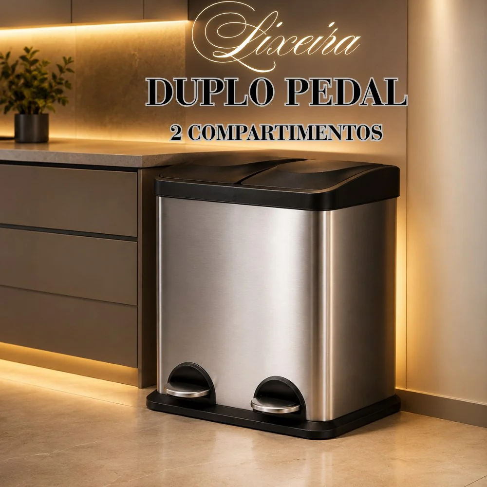 ✨Lixeira Dupla Inox 30L com Pedal 2x15L – Lixeira Duplo Compartimento com 2 Divisórias Removíveis para Cozinha
