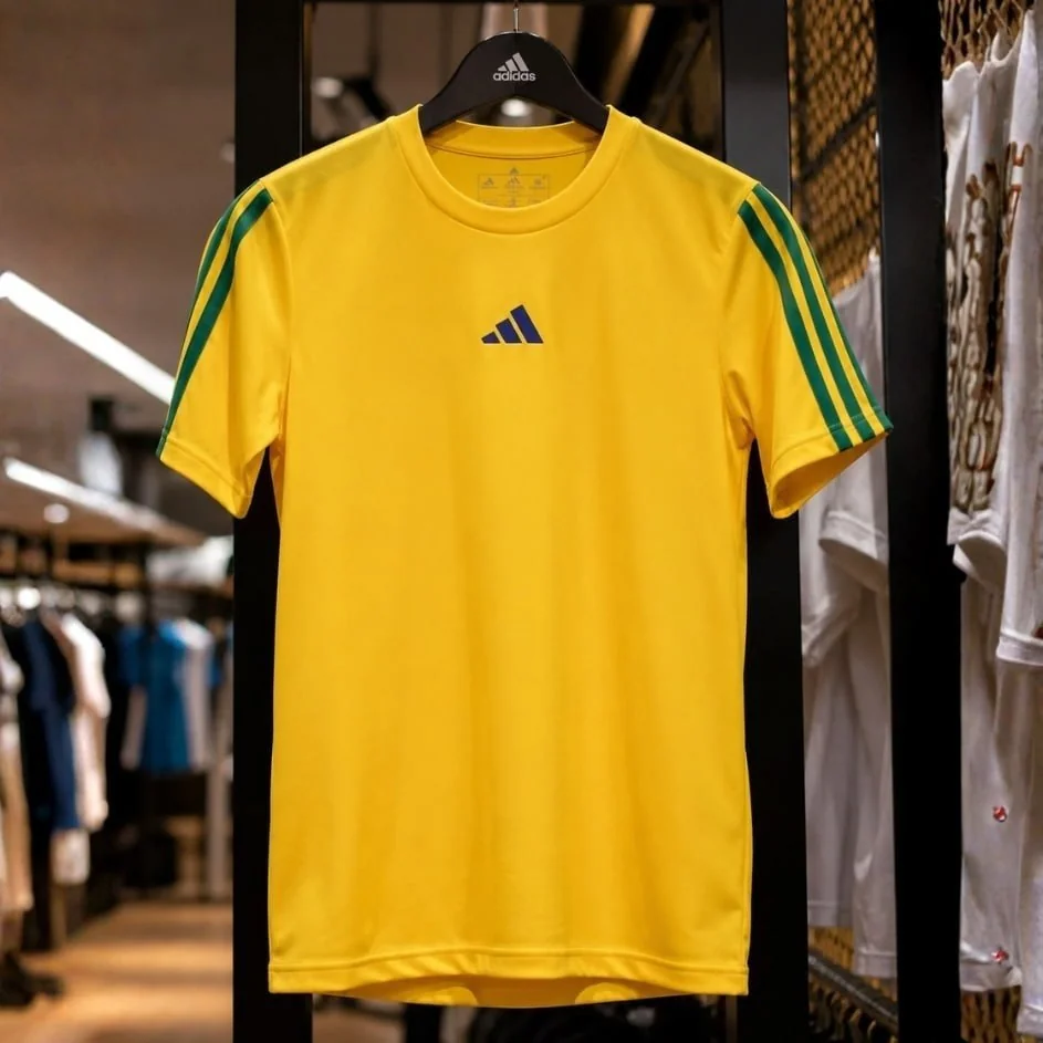 ✨Camiseta Masculina Essentials Três Listras adidas Byello/bgreen/bgreen/bgreen Sem Desenho G Lisa
