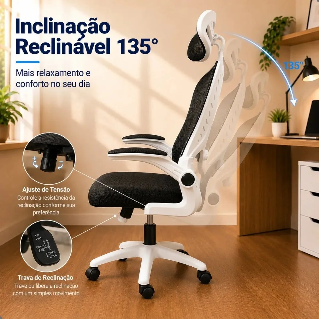 ✨ Cadeira Escritório Confortável Ergonômica Giratória Legacy Branco E Preto Algodão