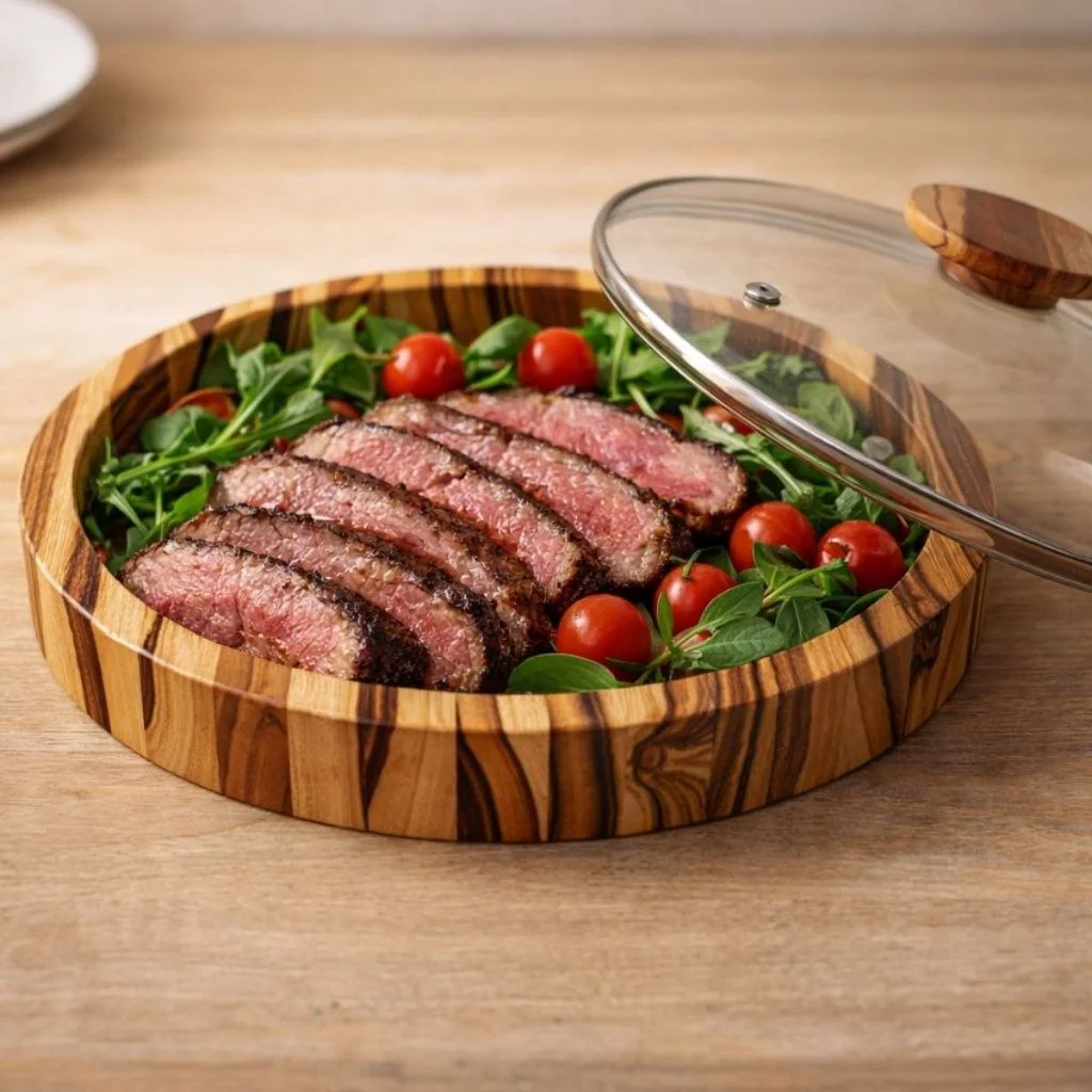 ✨Saladeira Gamela 21cm 23cm 25cm 27cm em Madeira Teca Com Tampa de Vidro Mesa Posta Bandeja Decoração