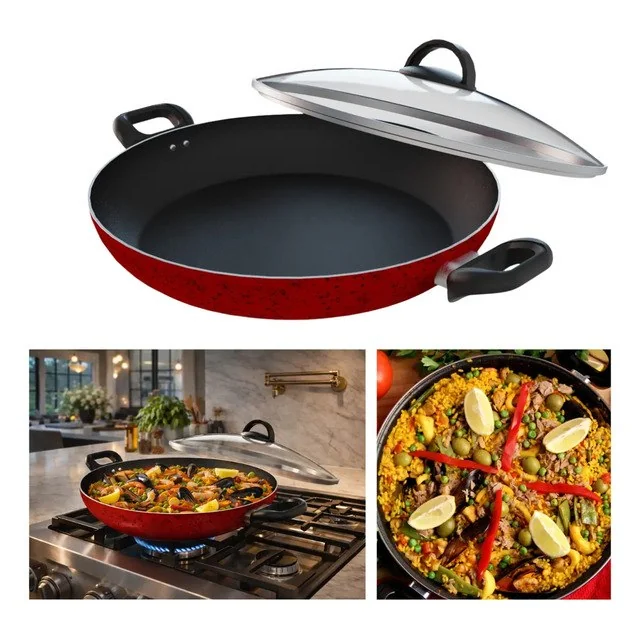 ✨Wok 30cm Alumínio Vermelha Antiaderente Com Tampa De Vidro Vermelho
