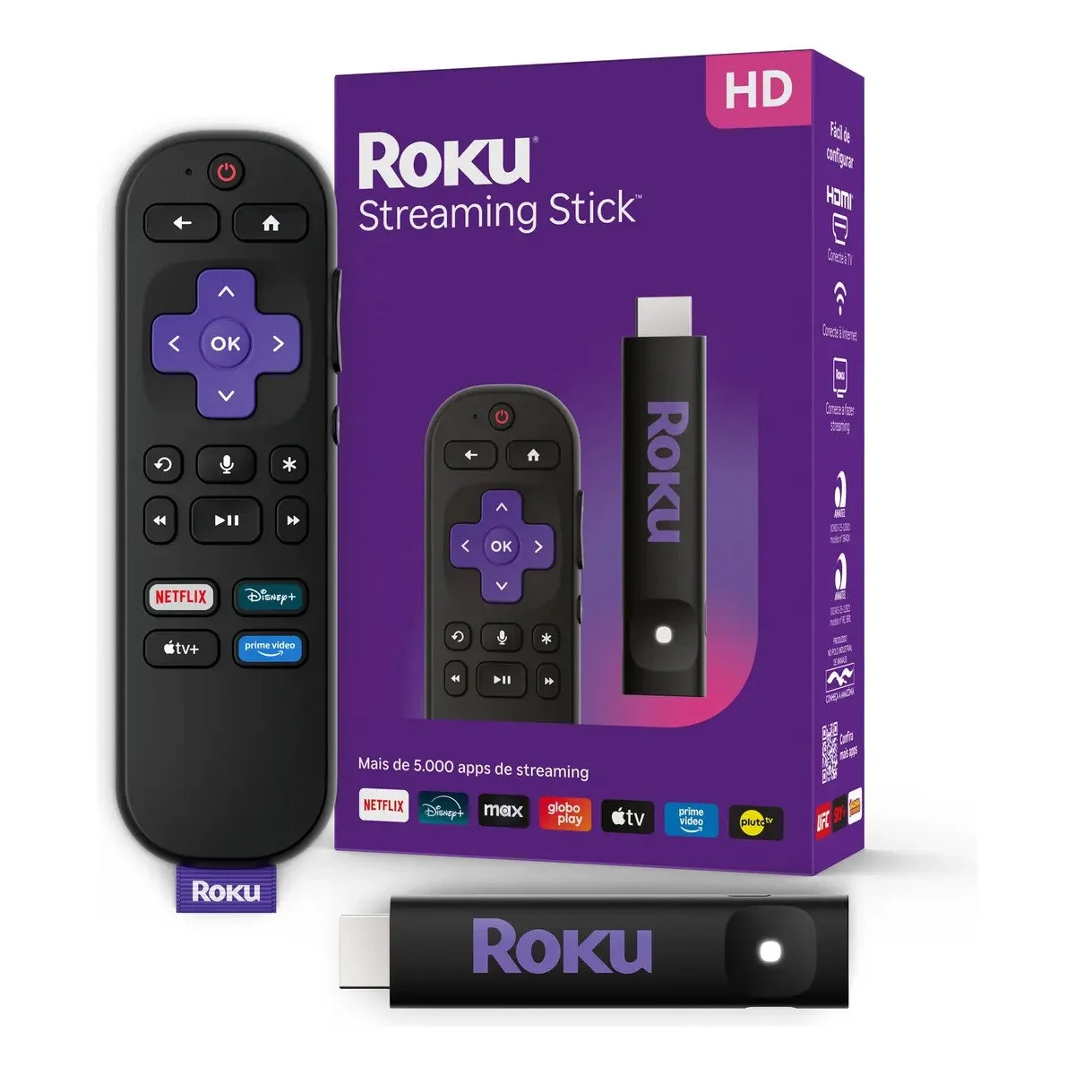 ✨ Roku Streaming Stick 2025 Para Tv Hd/fhd Controle Por Voz Preto De Voz 3ª geração 3840BR