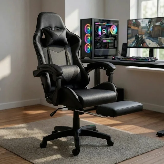 ✨ Cadeira Gamer Ergonômica Para Jogos Pc Reclinável Apoio Pé Preto Couro Sintético