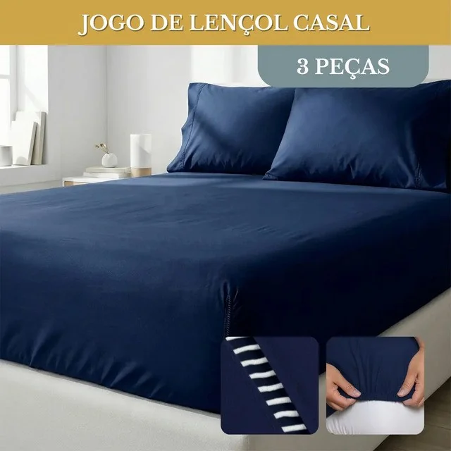 ✨Jogo De Lençol Casal 3 Peças 400 Fios Micropercal Azul-marinho Elástico Liso