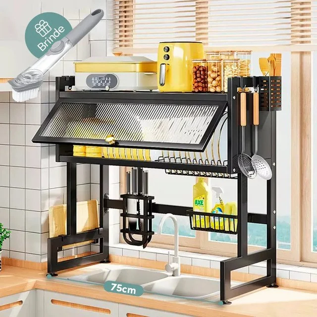 ✨Escorredor De Louça Suspenso Grande Para Copos Talheres E Pratos Organizador De Pia Cozinha 75cm Armário Cor Preto + Escova Brinde Brielli Home