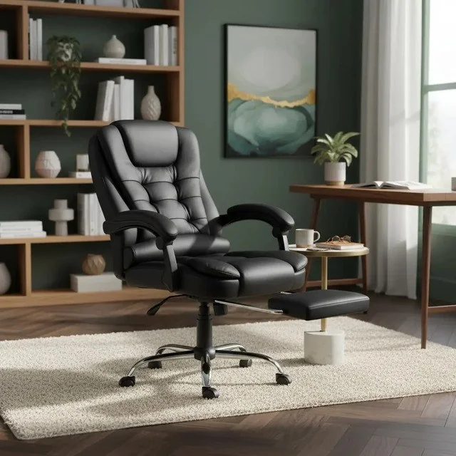 ✨ Cadeira De Escritório Itália Presidente Ergonômica Couro Sintético Encosto Ajustável Com Trava E Apoio Para Pés Cor Preta Luvinco Preto