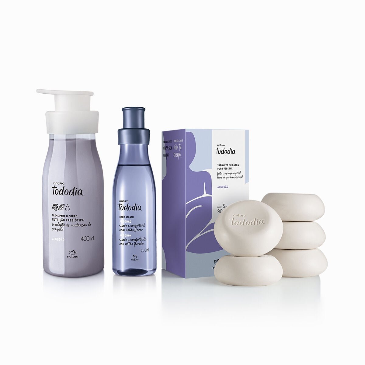 ✨Kit Tododia Algodão com Hidratante, Body Splash e Sabonete em Barra (3 produtos)
