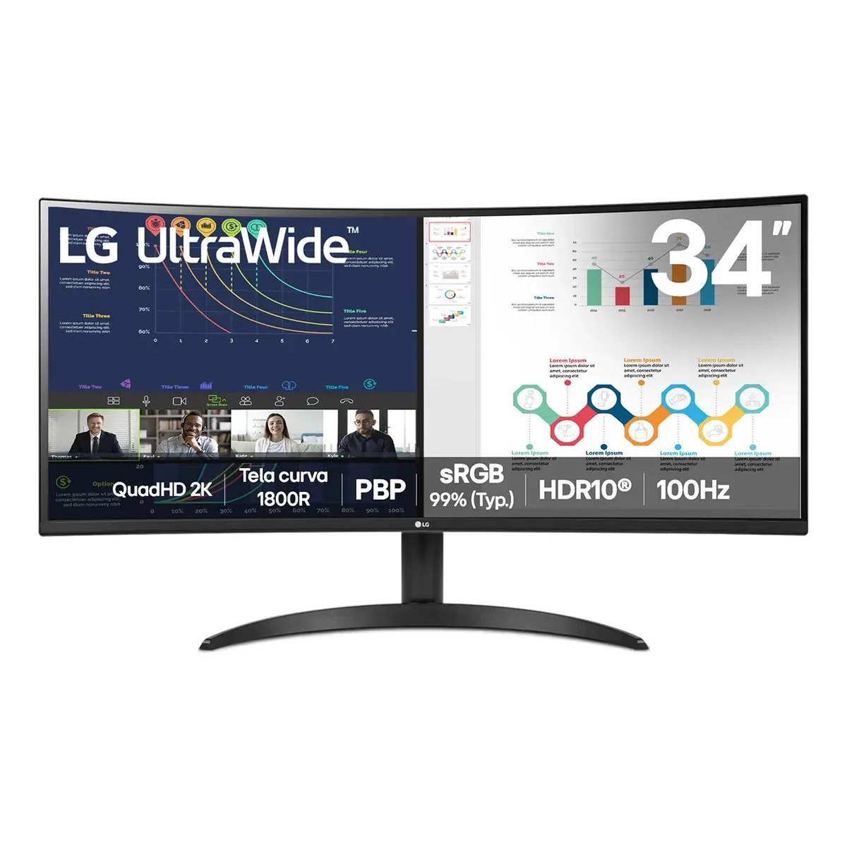 ✨ Monitor LG UltraWide Curvo, QuadHD 2K de 34”, PBP, sRGB 99%, HDR10, 100Hz, Preto - 34WR50QK-B
