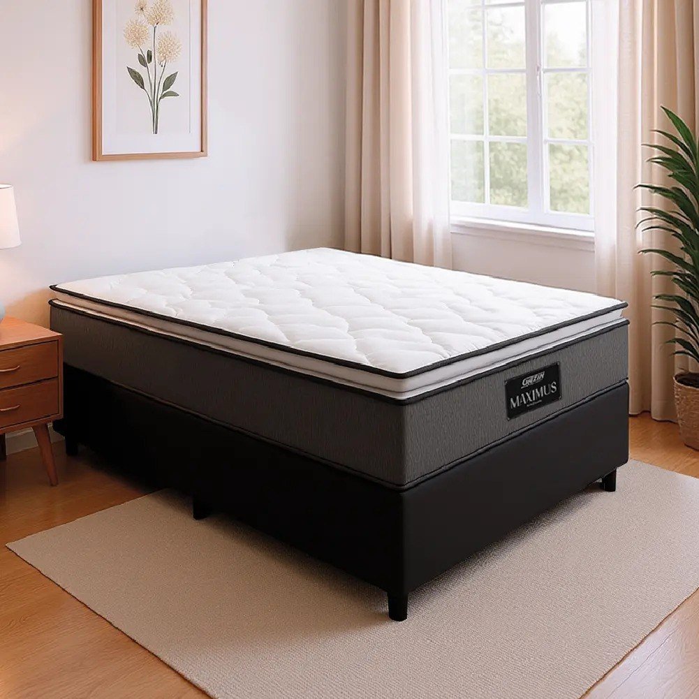 ✨ Cama Box Casal Colchão Gazin Molas Ensacadas Pillow Maximus Cinza e Preto 138x188x62cm