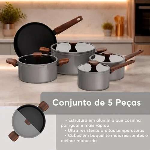 ✨ Conjunto de Panelas Brinox Ceramic Life Nox 5 Peças Cinza