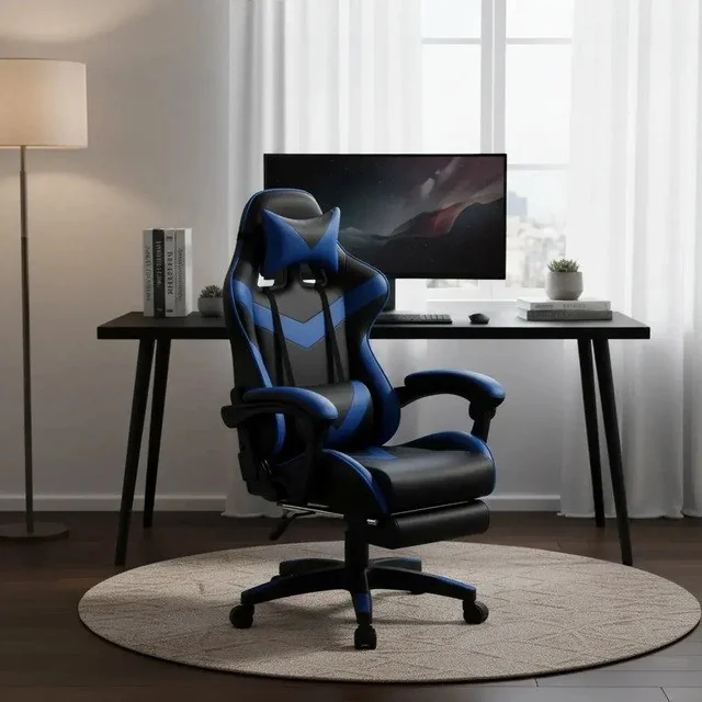 ✨Cadeira De Escritório Gamer Nitro Ergonômica Estofado Couro Sintético Reclinável Altura Ajustável Apoio Para Pés Cor Azul Luvinco