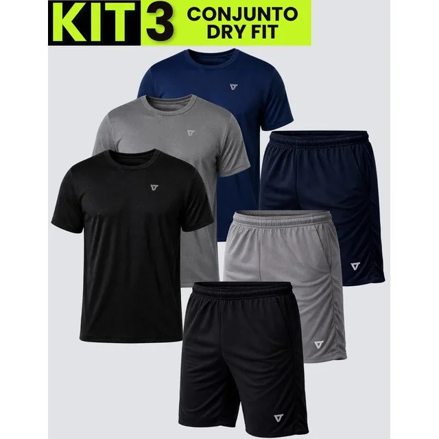 ✨ Kit Com 3 Conjuntos Academia Masculino Dry Fit Shorts+camisa