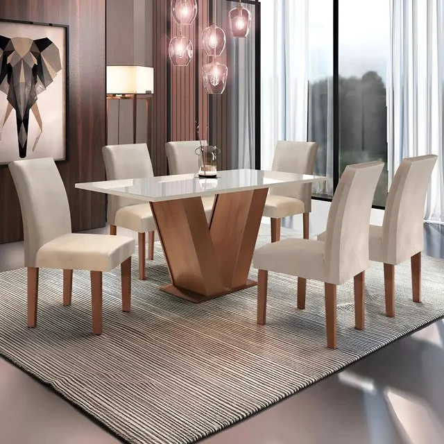 ✨Conjunto Sala De Jantar Mesa Tampo De Vidro 6 Cadeiras Espanha Yescasa Chocolate/off White/suede Bege