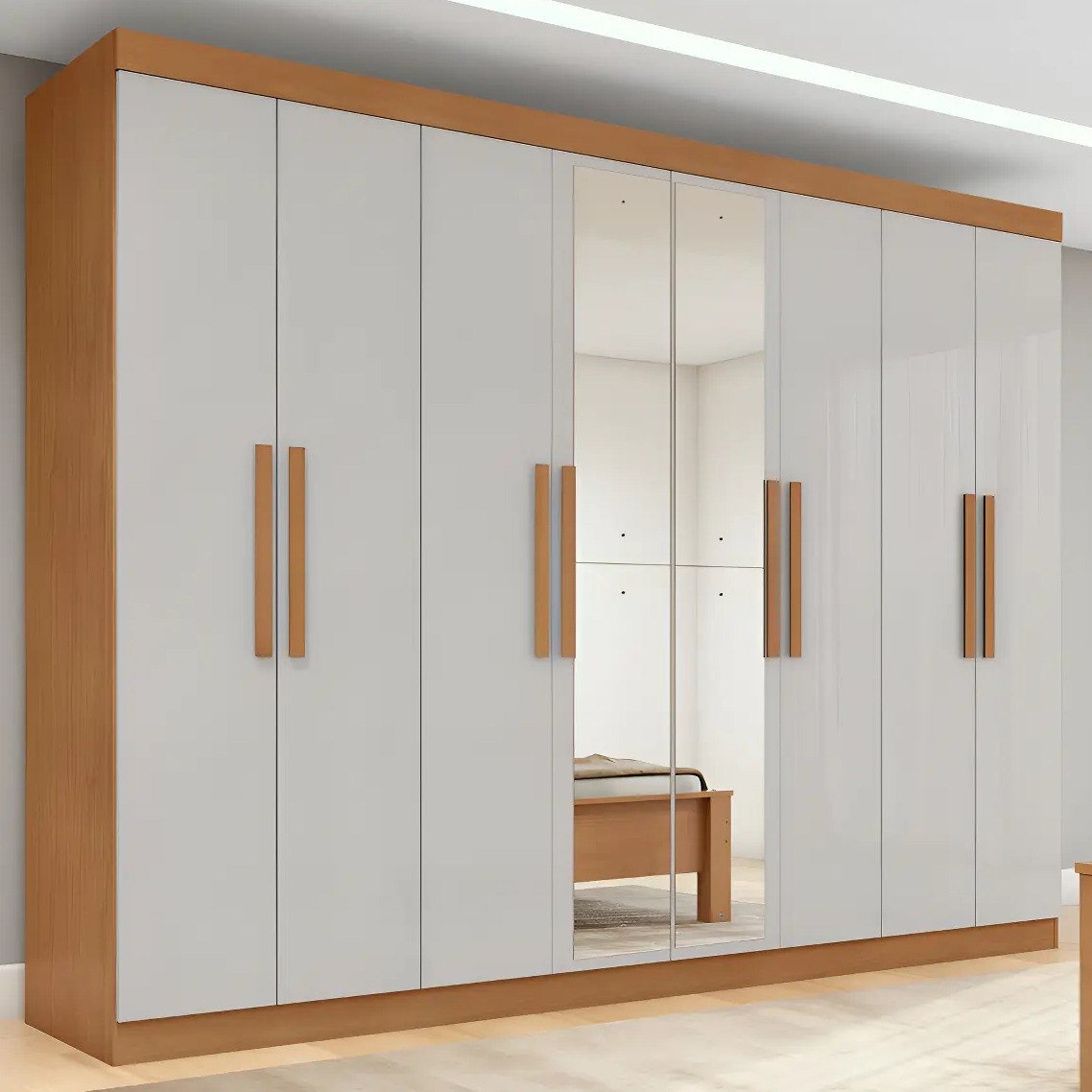 ✨ Guarda-roupa Casal Easy Slim 8 Portas C/ Espelho Amendoa/off