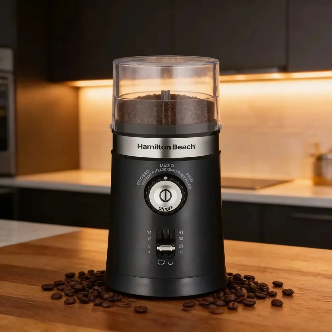 ✨ Moedor de Café Elétrico Hamilton Beach Ajustável Inox 150W Triturador Grãos Sementes Cuba Removível