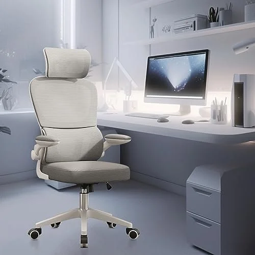 ✨ Cadeira de escritório, design ergonômico com suporte lombar independente, malha respirável e encosto de cabeça ajustável (Cinza)