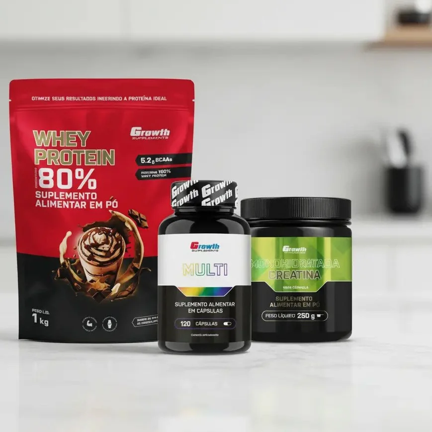 ✨ Kit Growth: Whey Protein Milkshake Chocolate 1kg + Multivitamínico 120 Cáps + Creatina 250g