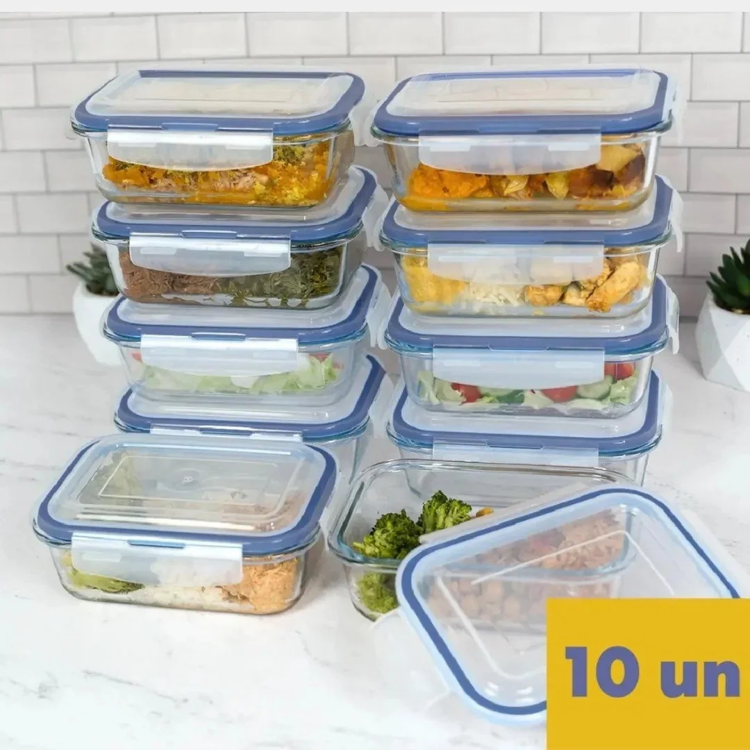 ✨Kit 10 Pote De Vidro Marmita Hermético 640ml Freezer Fitness Rishon Azul-escuro