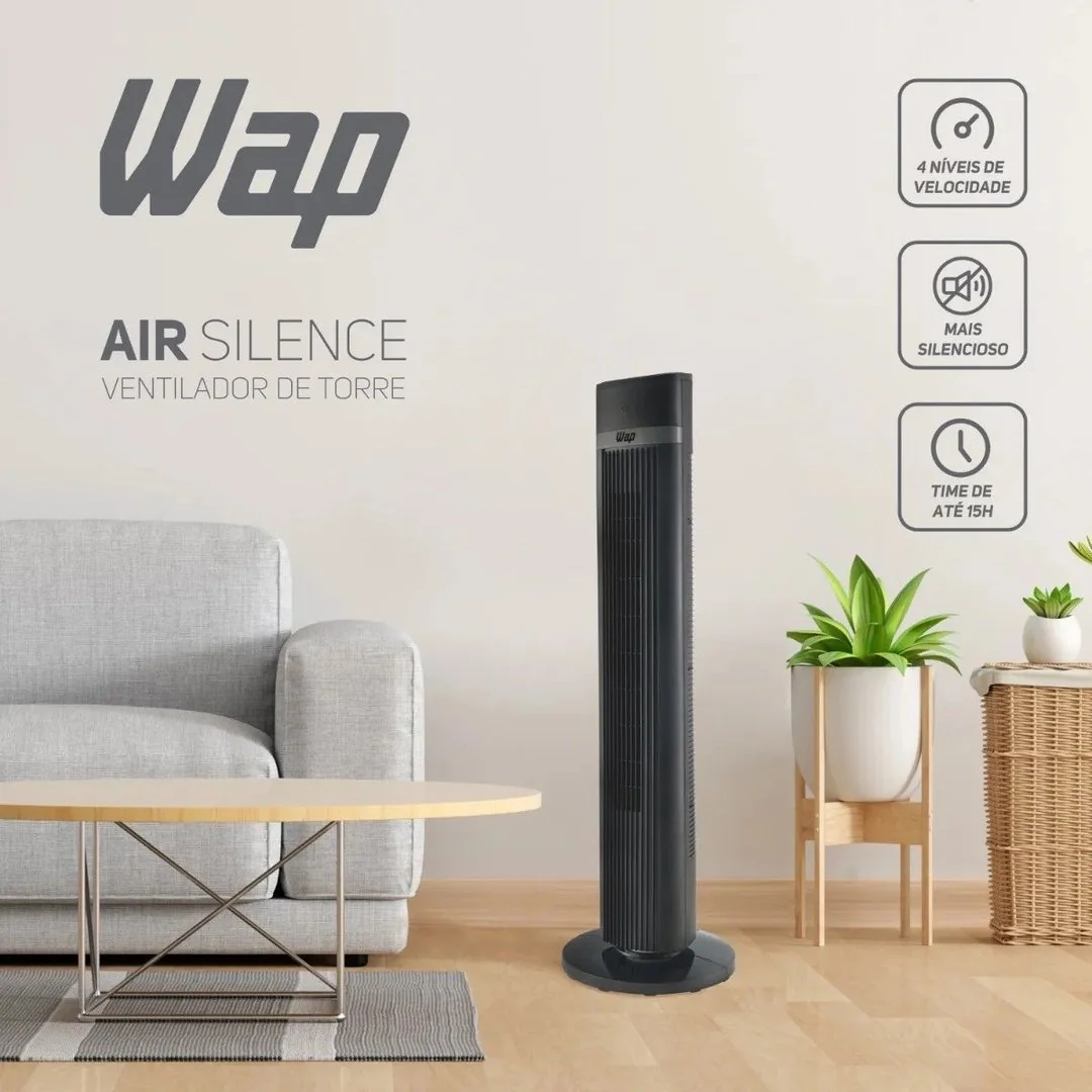 ✨ Ventilador Torre AIR SILENCE WAP Silencioso Oscilante com Controle Remoto 4 Velocidades e Desligamento Automático