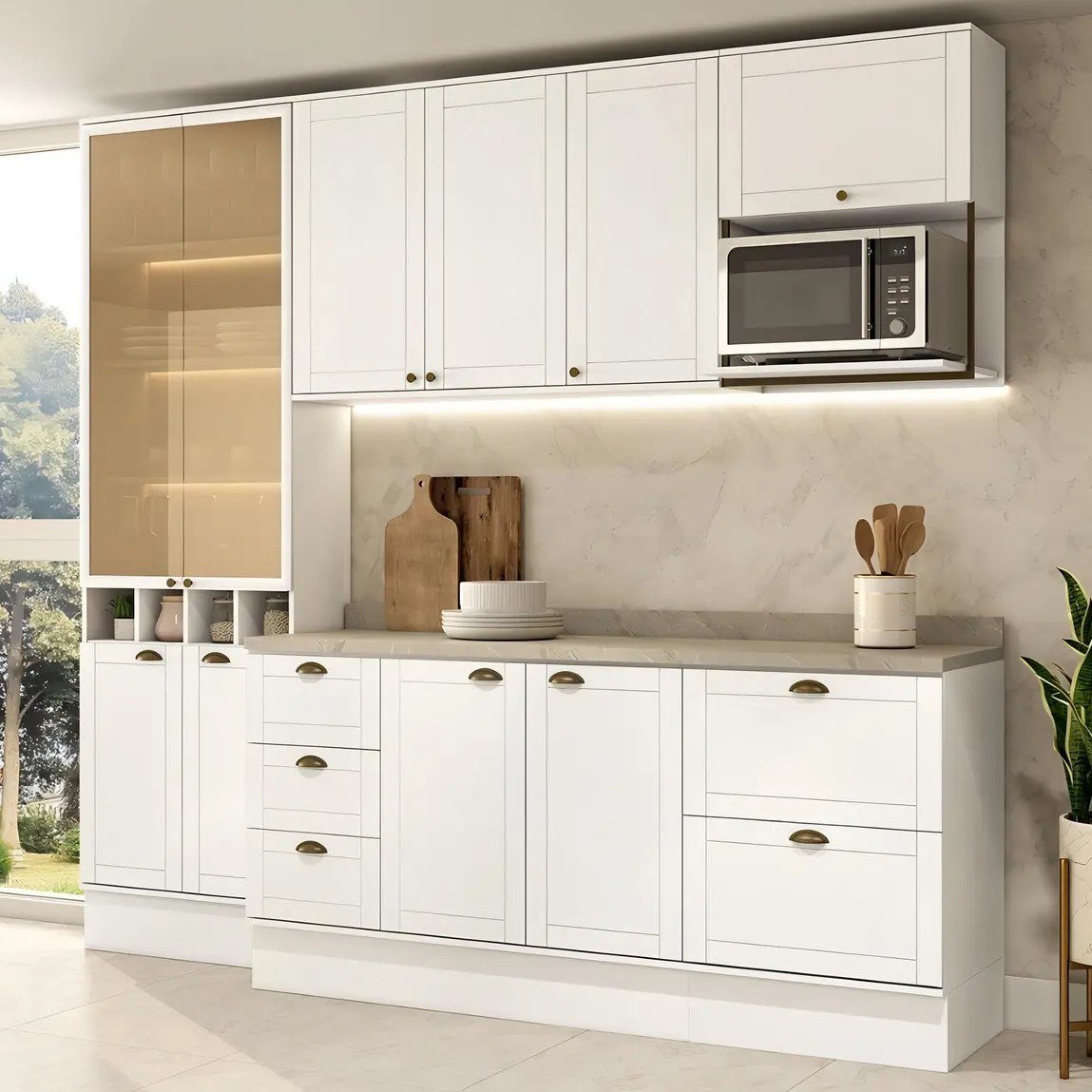 ✨ Armário de Cozinha Completa com Balcão e Cristaleira Vidro Reflecta 250cm 100% MDF Milla Muse Carraro Branco