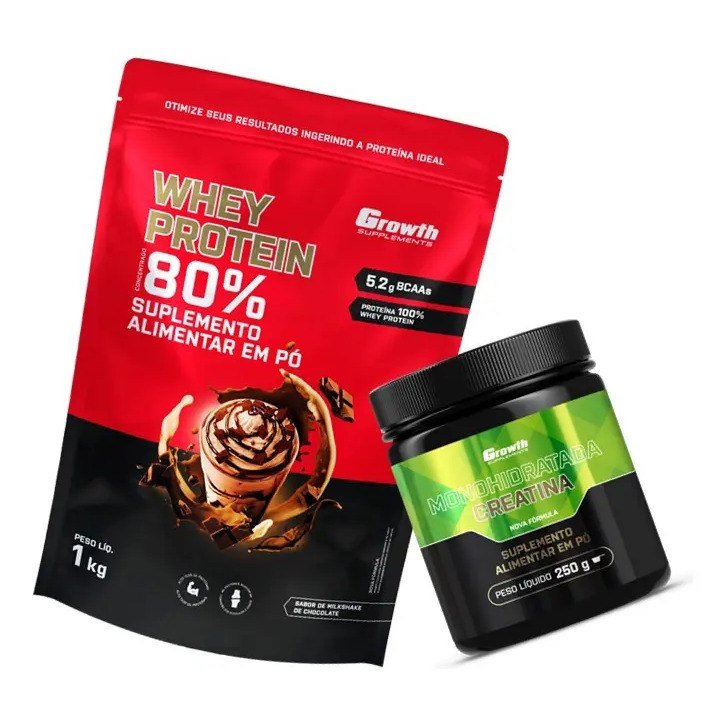✨ Kit Growth: Whey Protein Milkshake Chocolate 1kg + Creatina Monohidratada 250g Sem Sabor