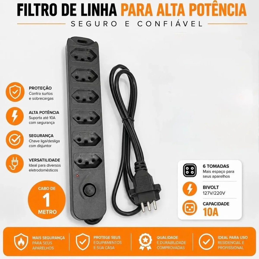 ✨ Filtro De Linha Extensão 6 Tomadas Bivolt 1 Metro 10a Régua Preto 127/220v