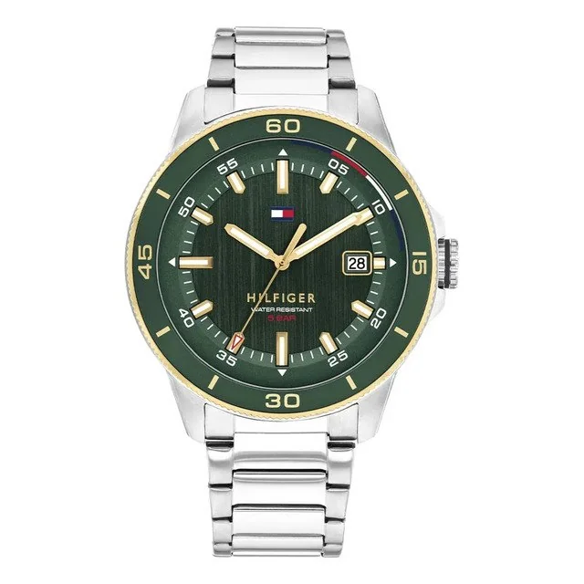 ✨ Relógio Tommy Hilfiger Remy Masculino Em Aço Prateado 179223 Prateado Verde Verde-escuro